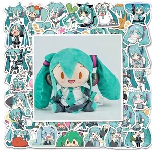 Hatsune Miku Plush Doll (8") with 65-Piece Sticker Set - Official Vocaloid